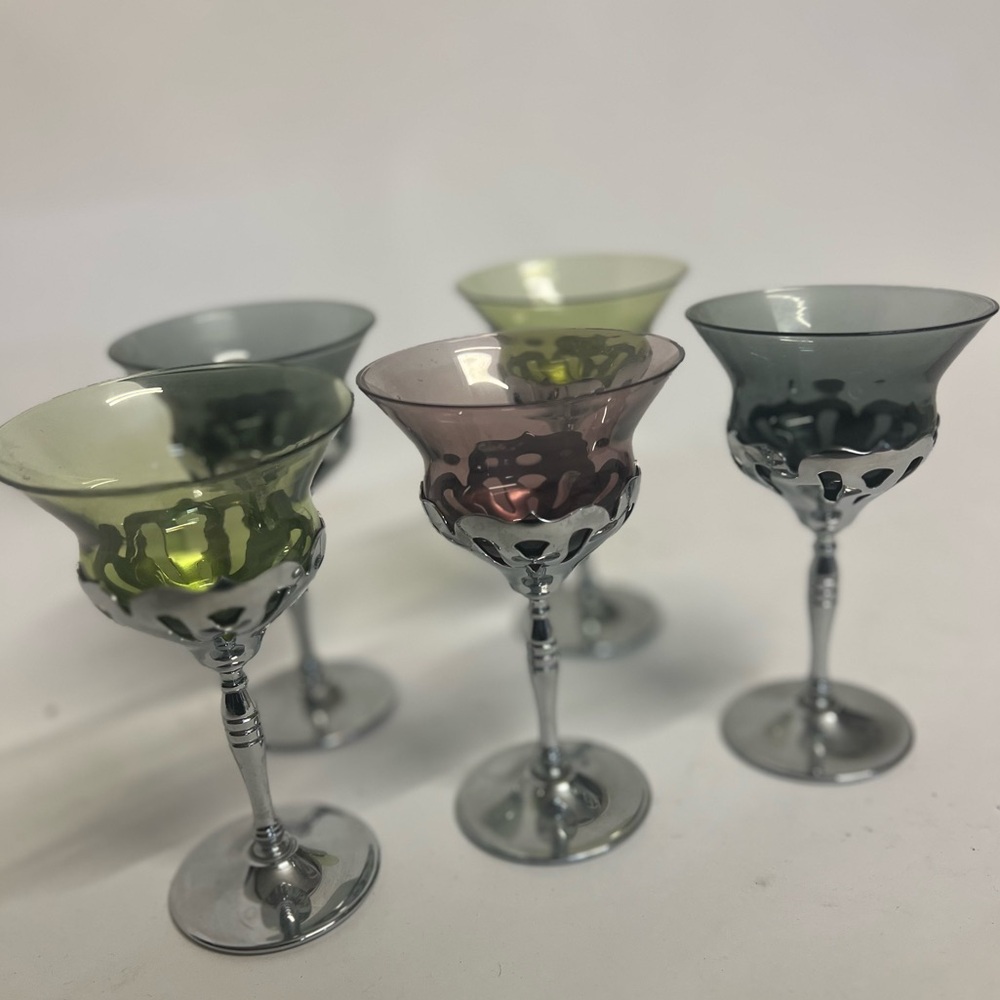 Vintage Farber Bros Cambridge colored Glass & Chrome Cocktail Glasses set of 5